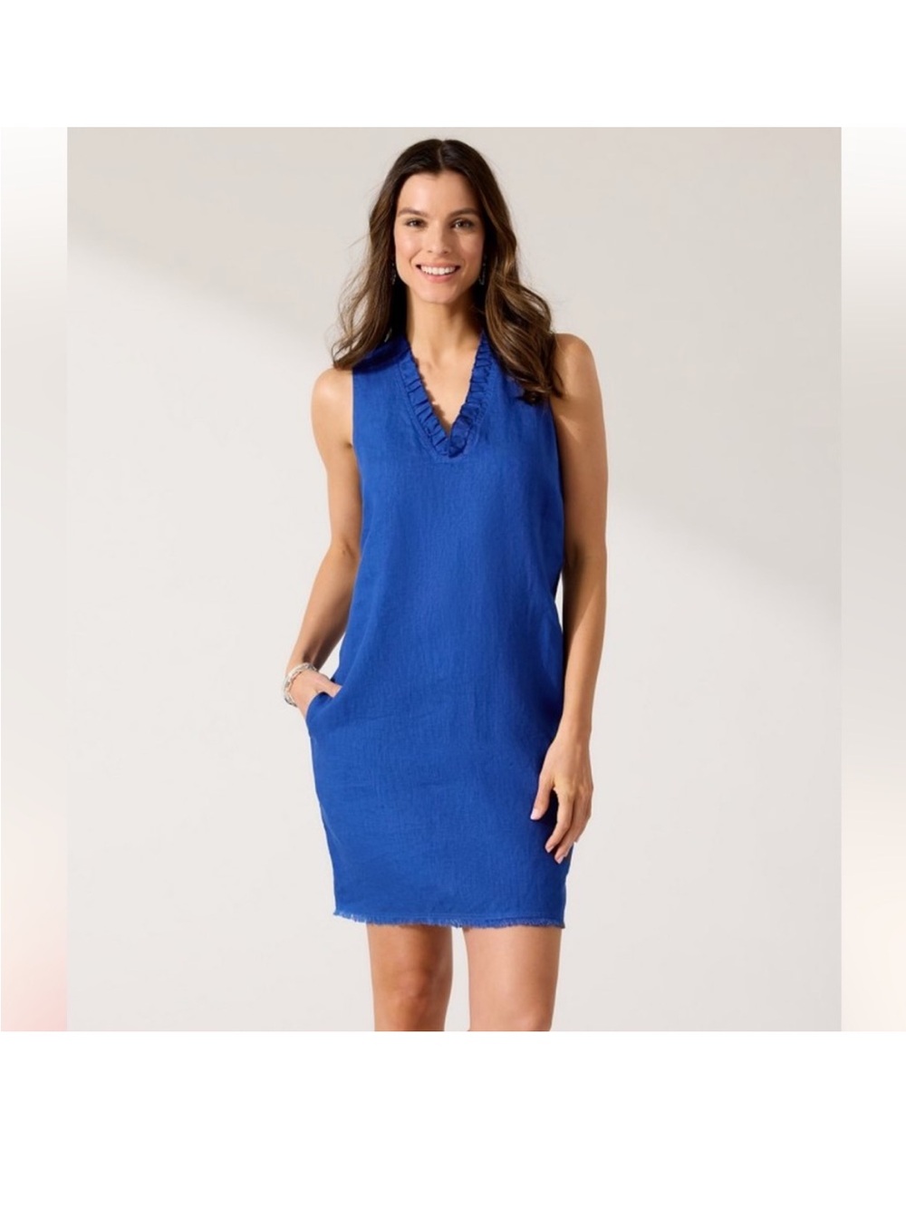 Tommy Bahama Two Palms Linen Ruffle Dress raw hem pockets v-neck sleeveless S